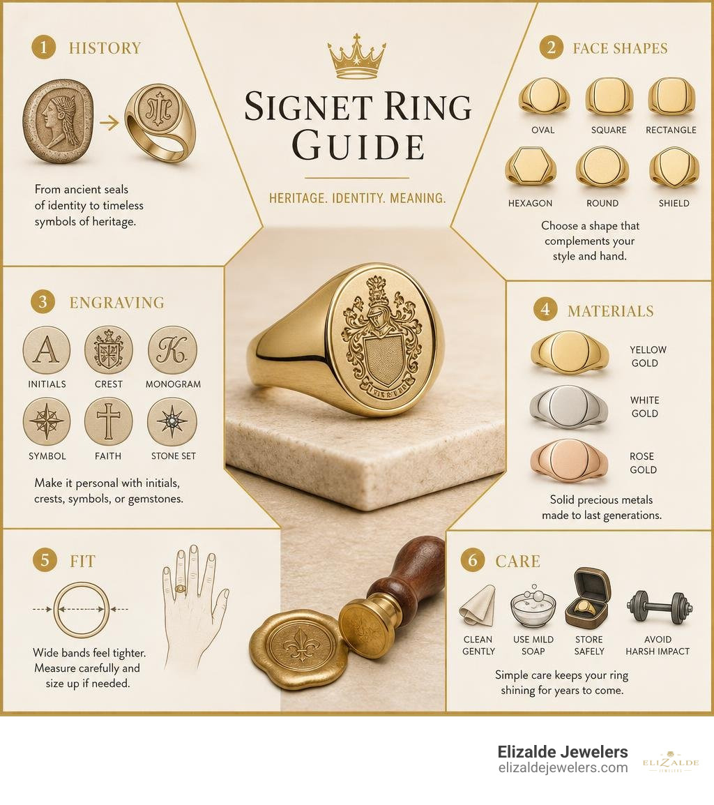 Signet ring guide: history, face shapes, engraving, materials, fit, and care infographic Signet ring guide: history, face shapes, engraving, materials, fit, and care infographic