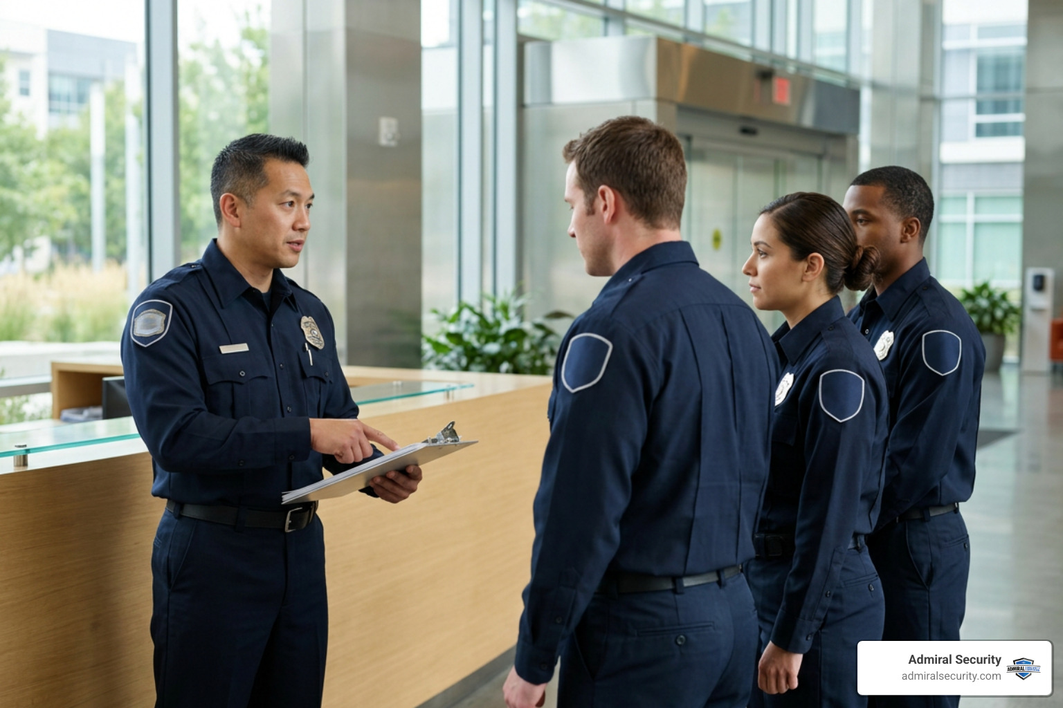 Certified security supervisor conducting an operational briefing with field officers