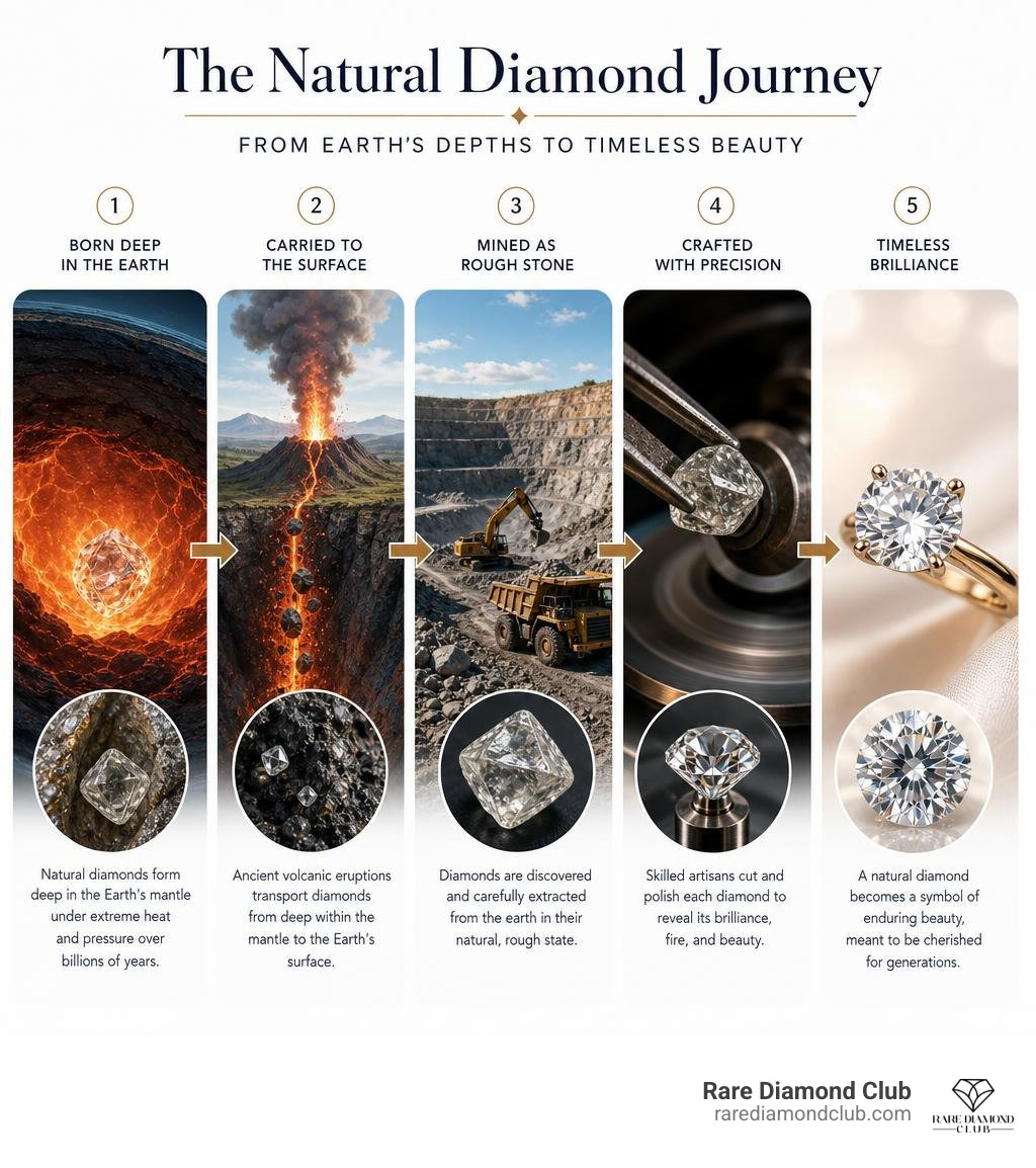 Natural diamond journey from Earth's mantle to mined rough stone and polished jewelry infographic