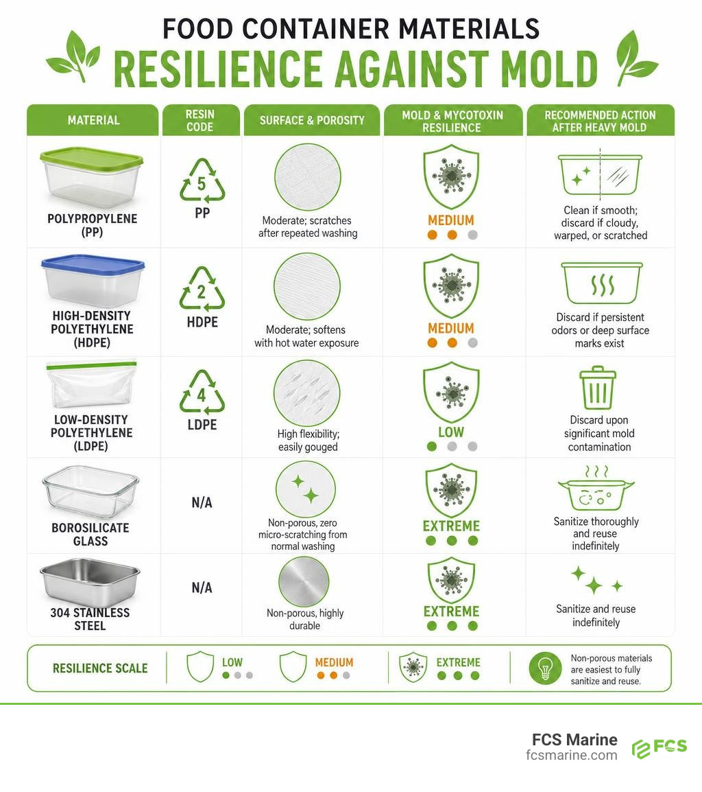 Material comparison of food container resilience against mold infographic Material comparison of food container resilience against mold infographic