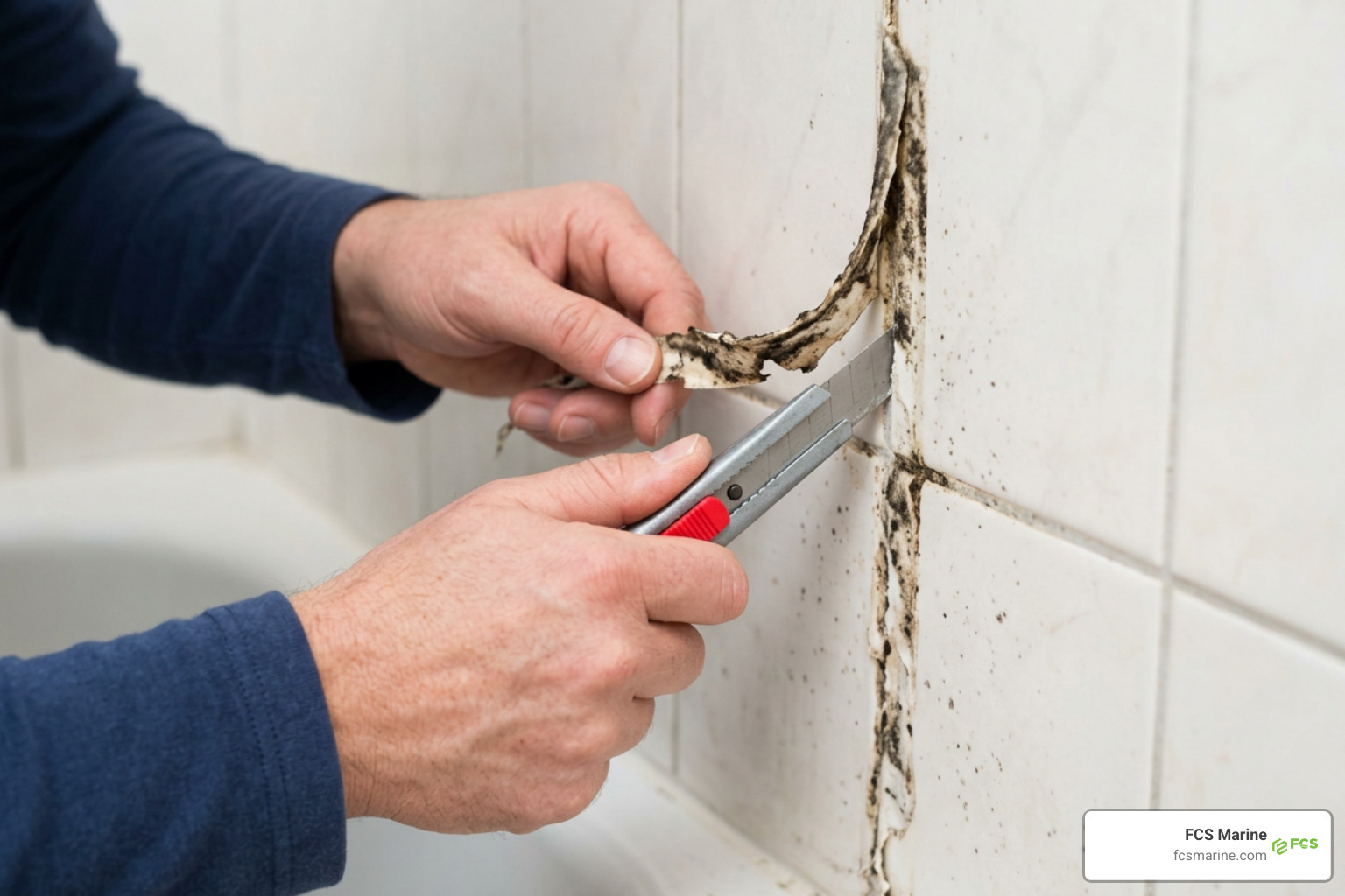 Scoring and removing deteriorated shower caulk