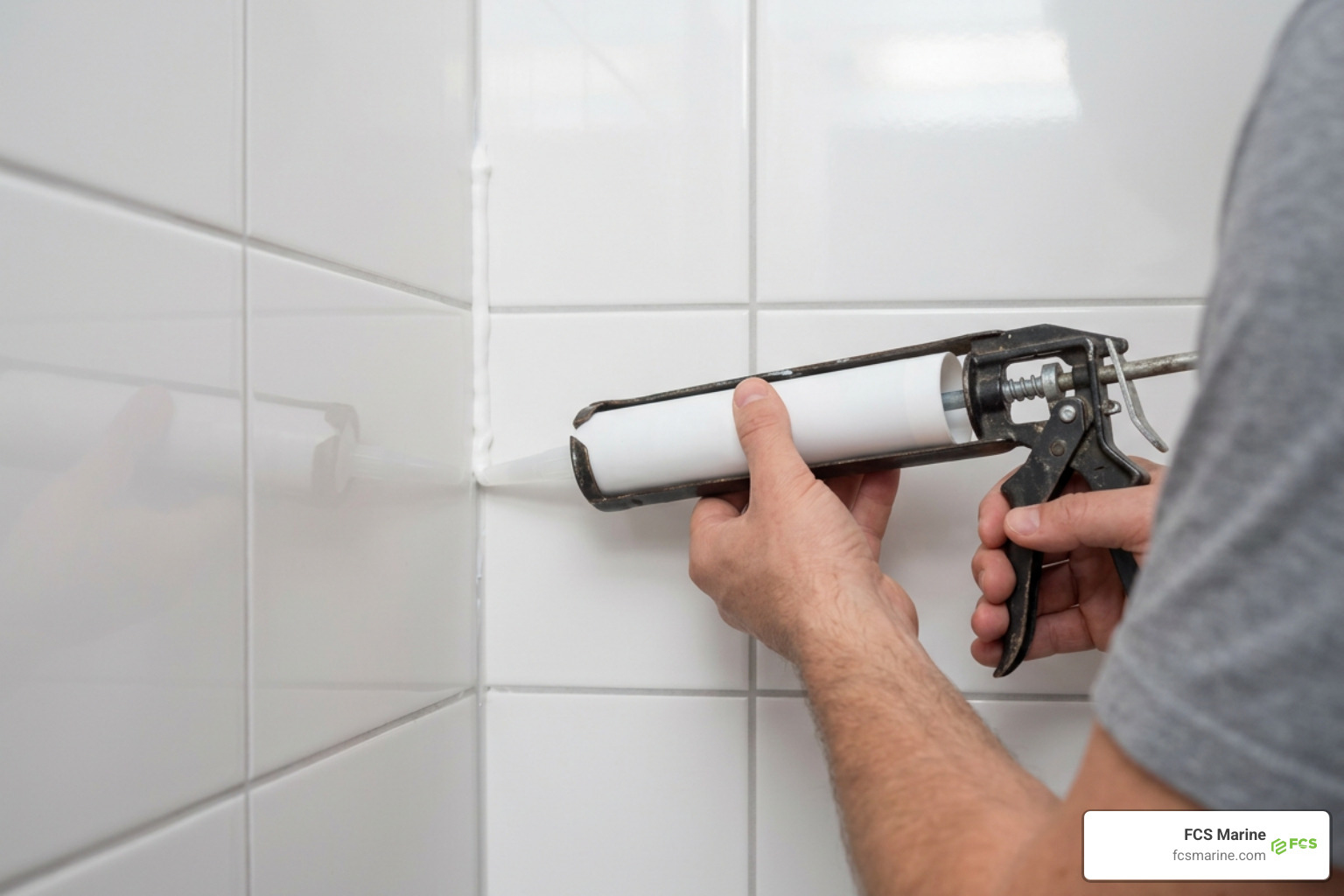 Applying a continuous bead of waterproof silicone caulk