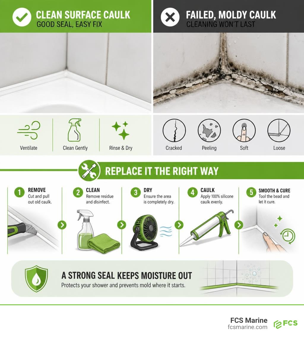 Infographic showing clean surface caulk versus failed moldy caulk and replacement steps infographic