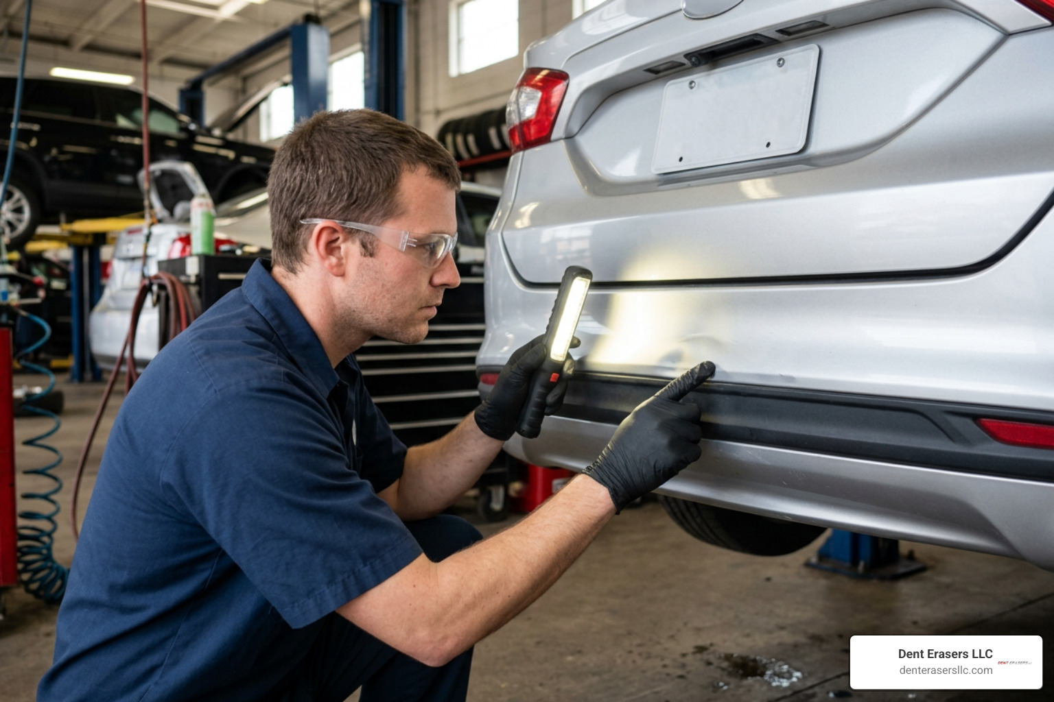 Technician assessing bumper dent depth Technician Assessing Bumper Dent Depth