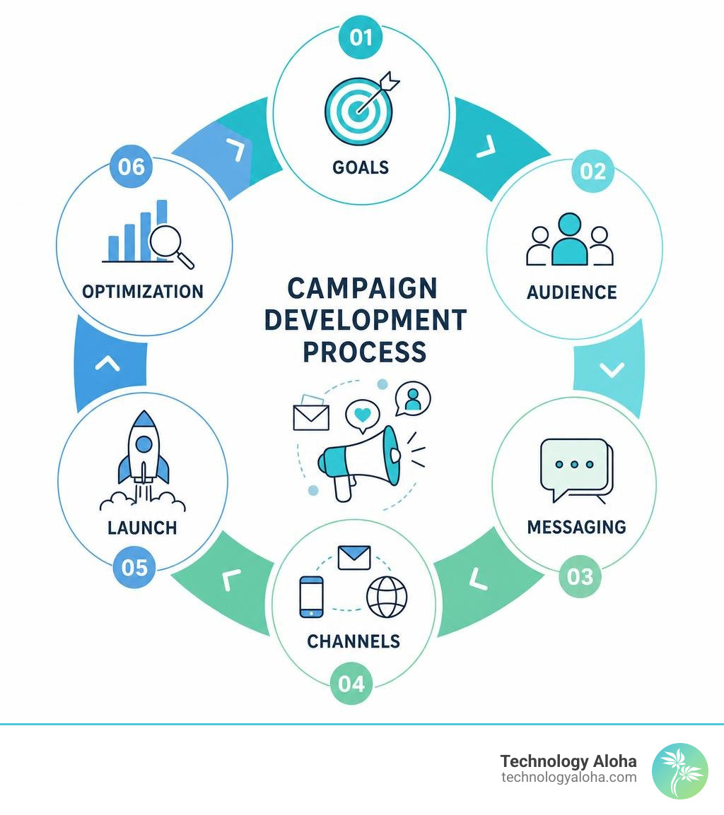 Infographic of campaign development stages: goals, audience, messaging, channels, launch, optimization infographic Infographic of campaign development stages: goals, audience, messaging, channels, launch, optimization infographic