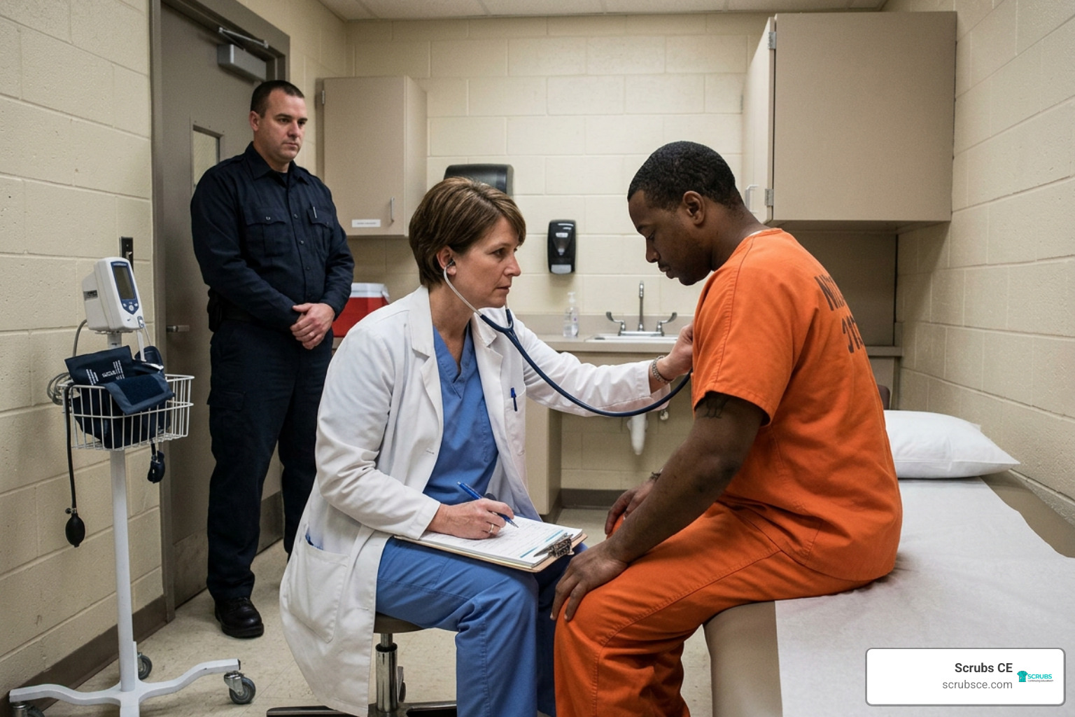 Correctional healthcare professional conducting an inmate clinical assessment Correctional healthcare professional conducting an inmate clinical assessment