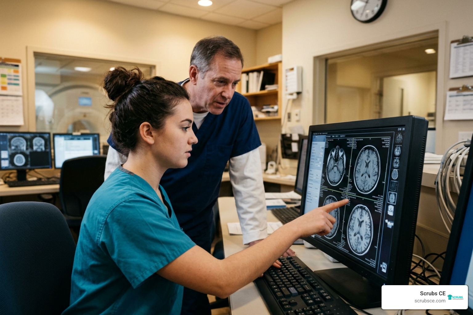 Student technologist reviewing cross-sectional neuroimaging protocols Student technologist reviewing cross-sectional neuroimaging protocols