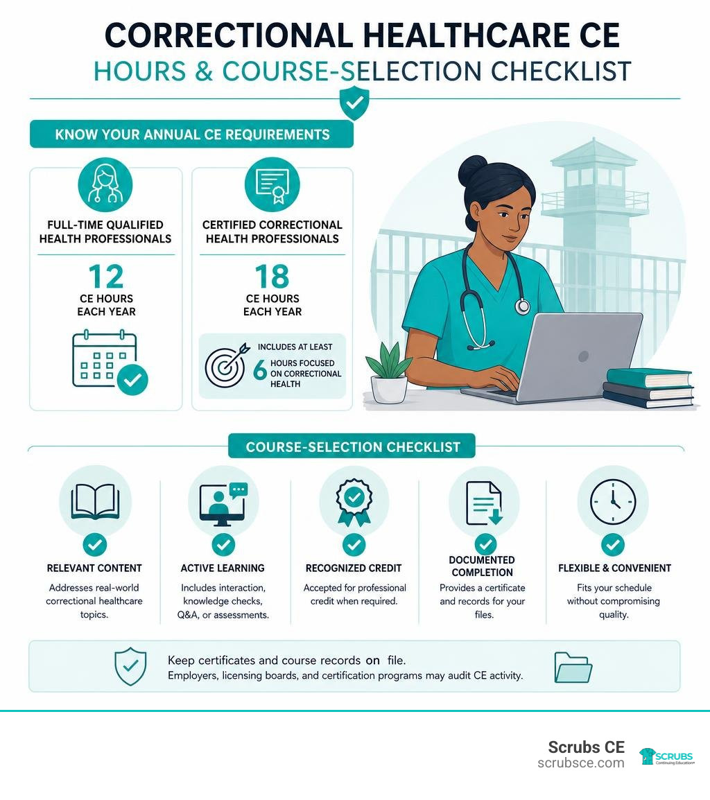 Correctional healthcare CE hours and course-selection checklist infographic Correctional healthcare CE hours and course-selection checklist infographic