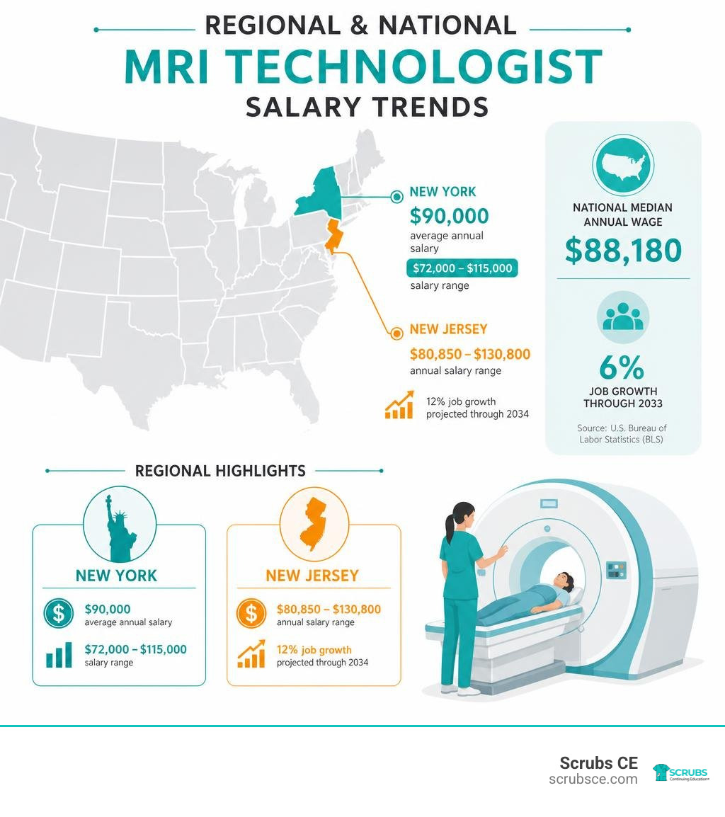 Regional and national MRI technologist salary trends infographic Regional and national MRI technologist salary trends infographic
