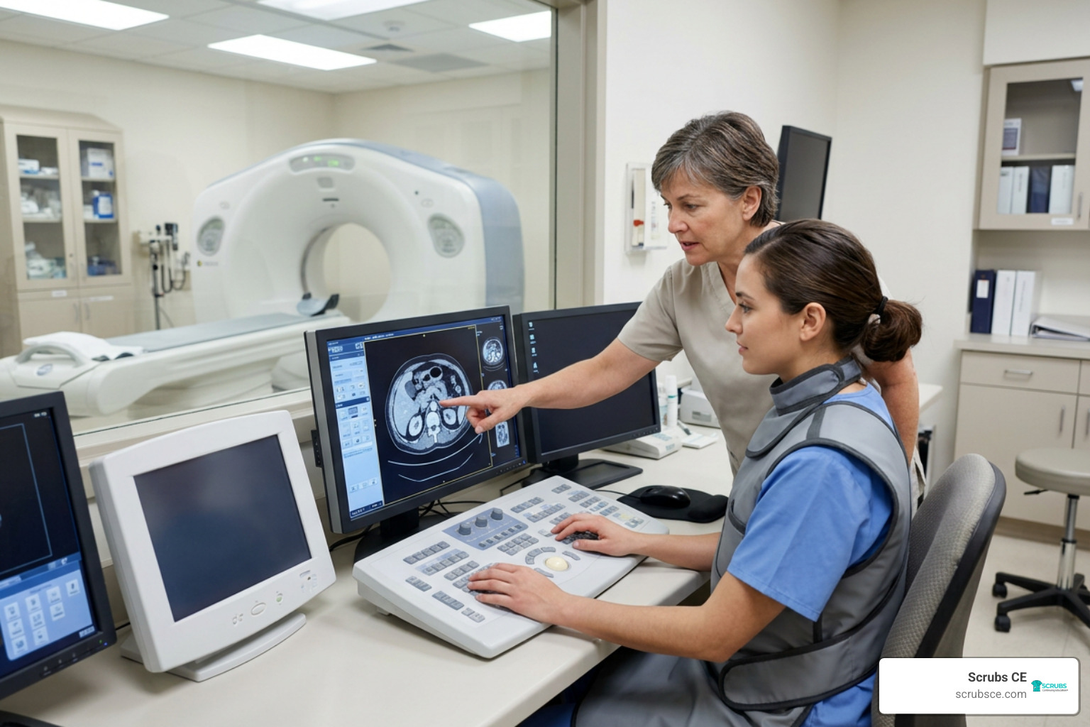 technologist cross-training on a CT scanner technologist cross-training on a CT scanner