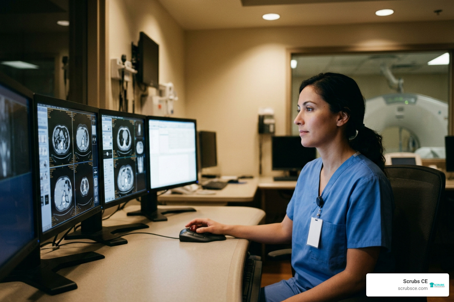 Technologist managing multiple scanner feeds at a command console Technologist managing multiple scanner feeds at a command console