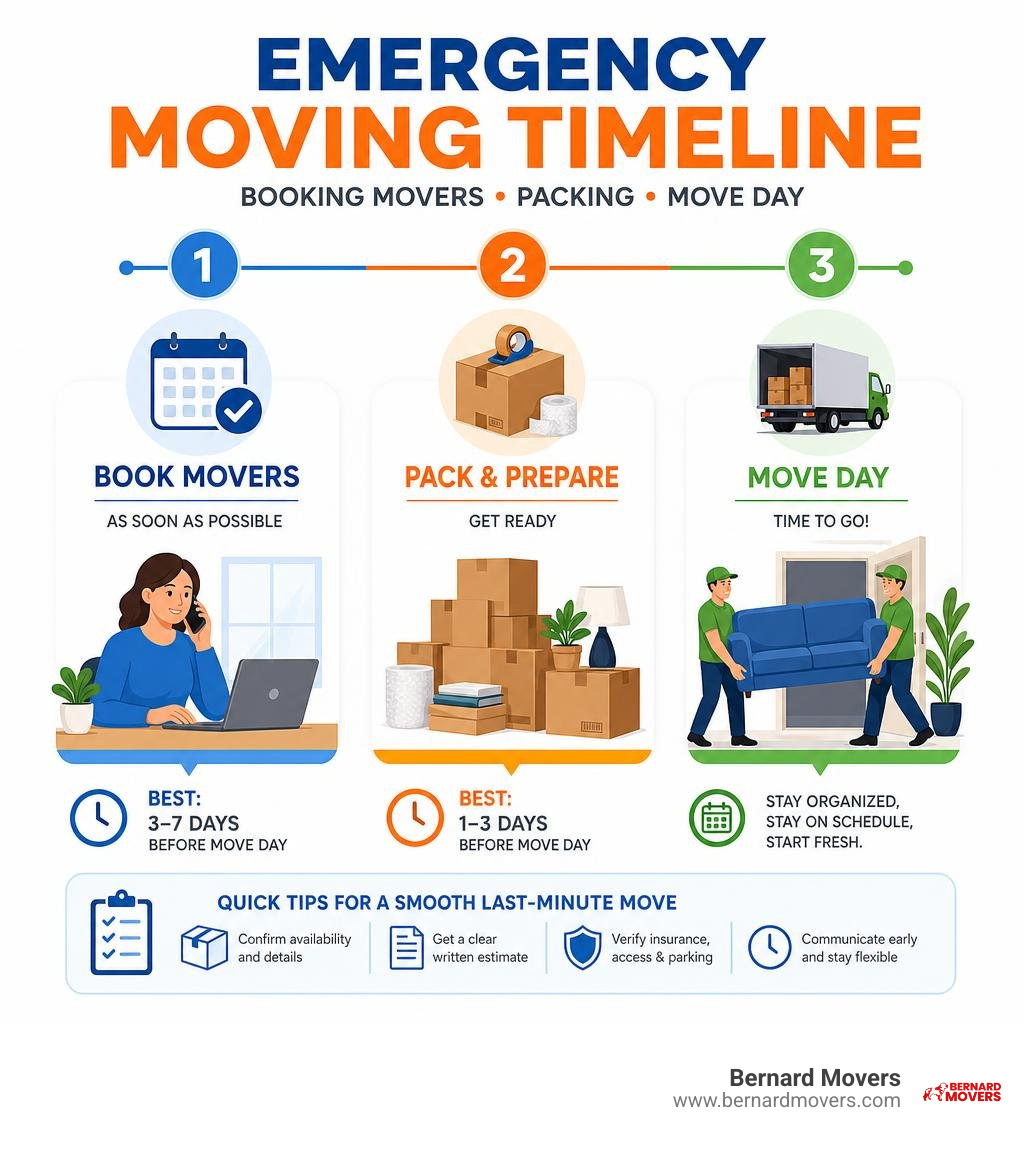 Emergency moving timeline for booking movers packing and move day infographic Emergency moving timeline for booking movers packing and move day infographic