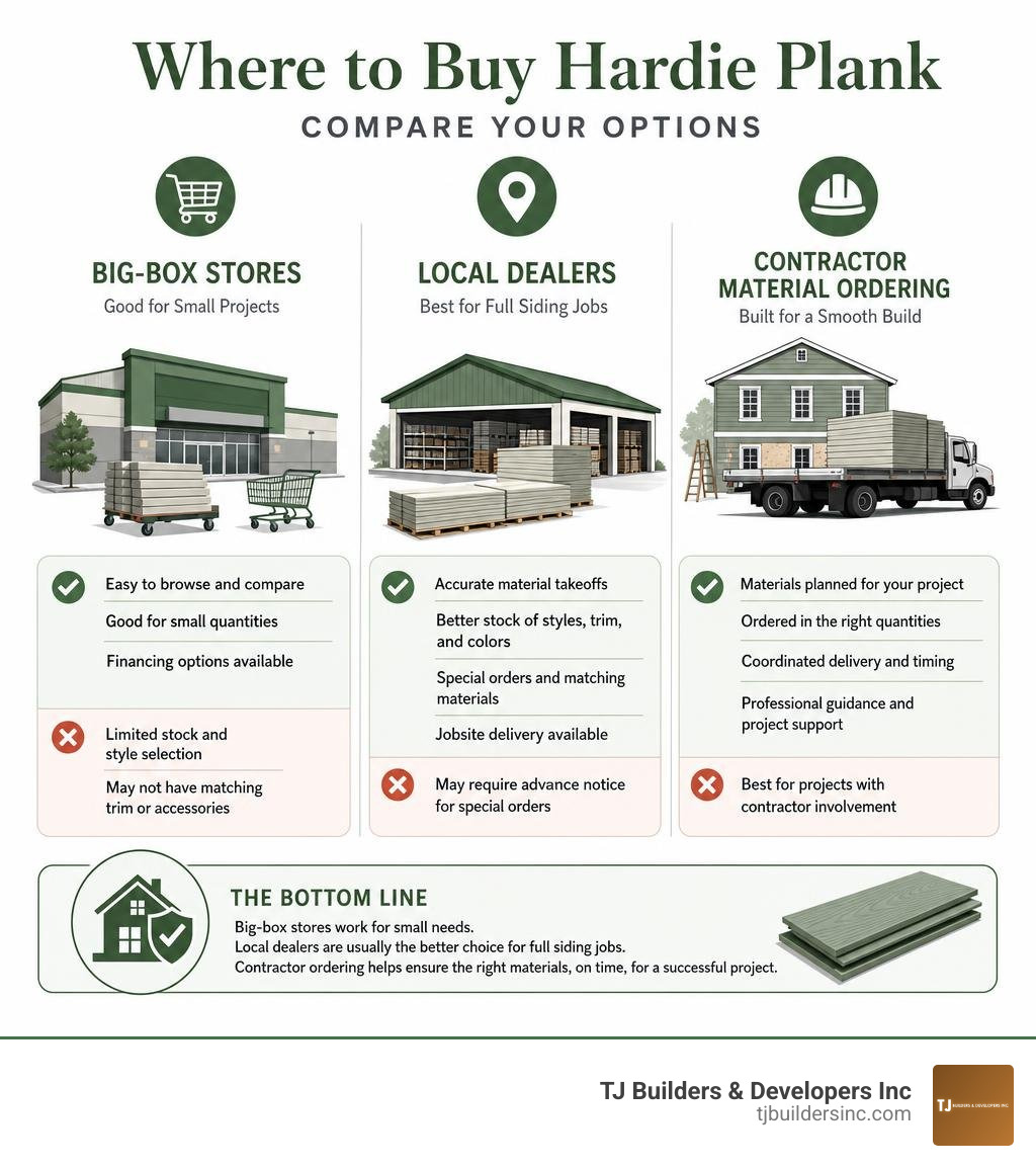 Infographic comparing big-box stores, local dealers, and contractor material ordering infographic Infographic comparing big-box stores, local dealers, and contractor material ordering infographic