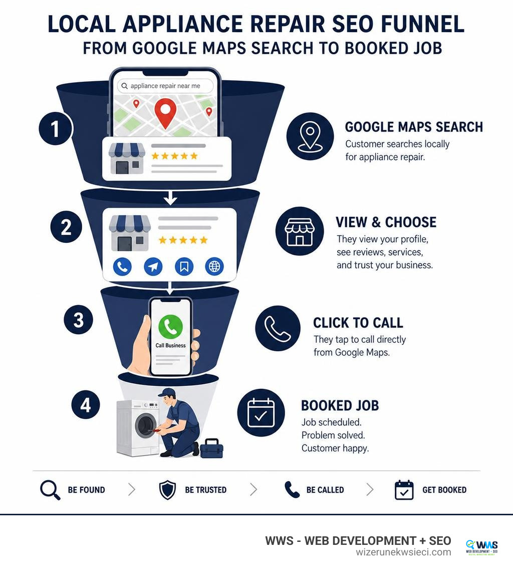 Local appliance repair SEO funnel from Google Maps search to phone call and booked job infographic Local appliance repair SEO funnel from Google Maps search to phone call and booked job infographic