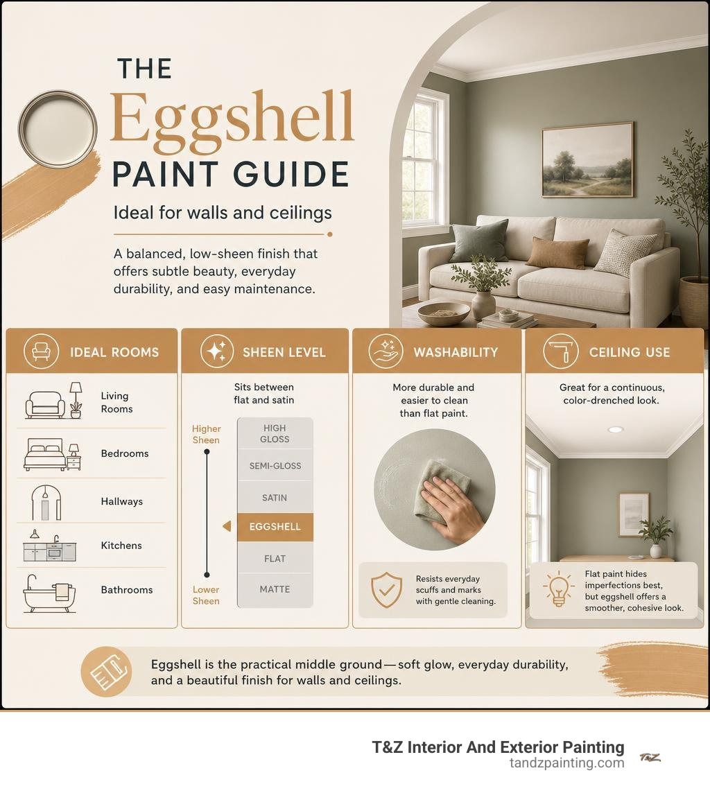 Eggshell paint guide showing ideal rooms, sheen level, washability, and ceiling use infographic Eggshell paint guide showing ideal rooms, sheen level, washability, and ceiling use infographic