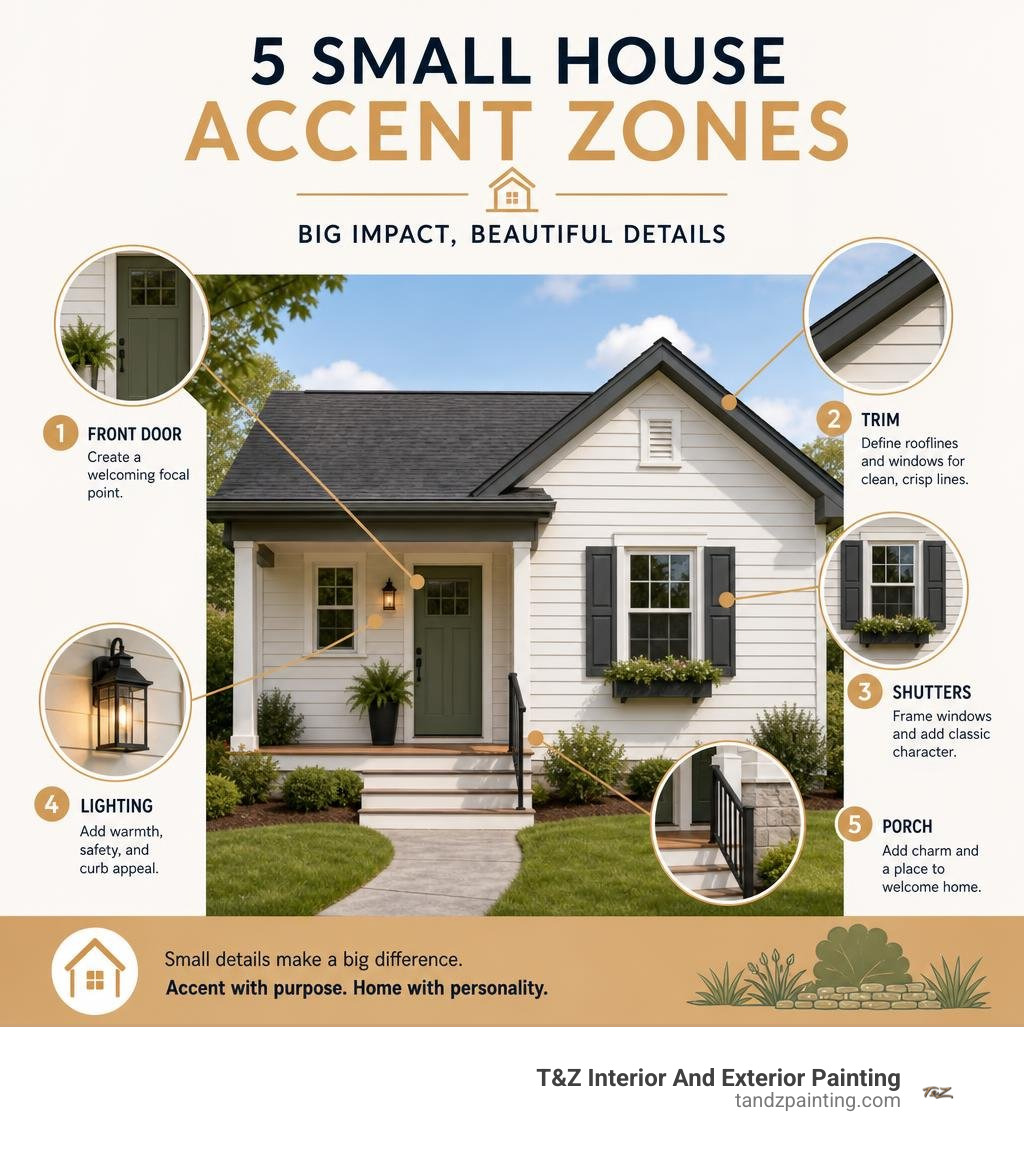 Infographic showing small house accent zones: front door, trim, shutters, lighting, porch infographic Infographic showing small house accent zones: front door, trim, shutters, lighting, porch infographic