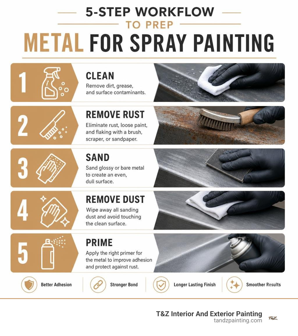 Five-step workflow for cleaning, rust removal, sanding, dust removal, and priming metal infographic Five-step workflow for cleaning, rust removal, sanding, dust removal, and priming metal infographic