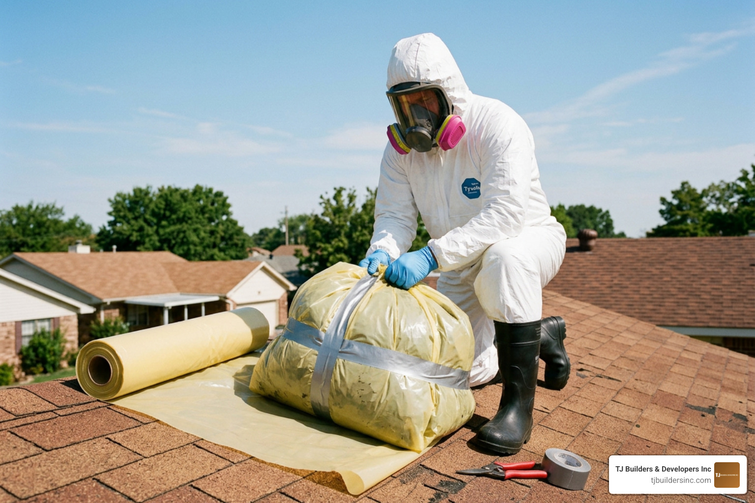 abatement technician in full PPE handling sealed roofing materials abatement technician in full PPE handling sealed roofing materials