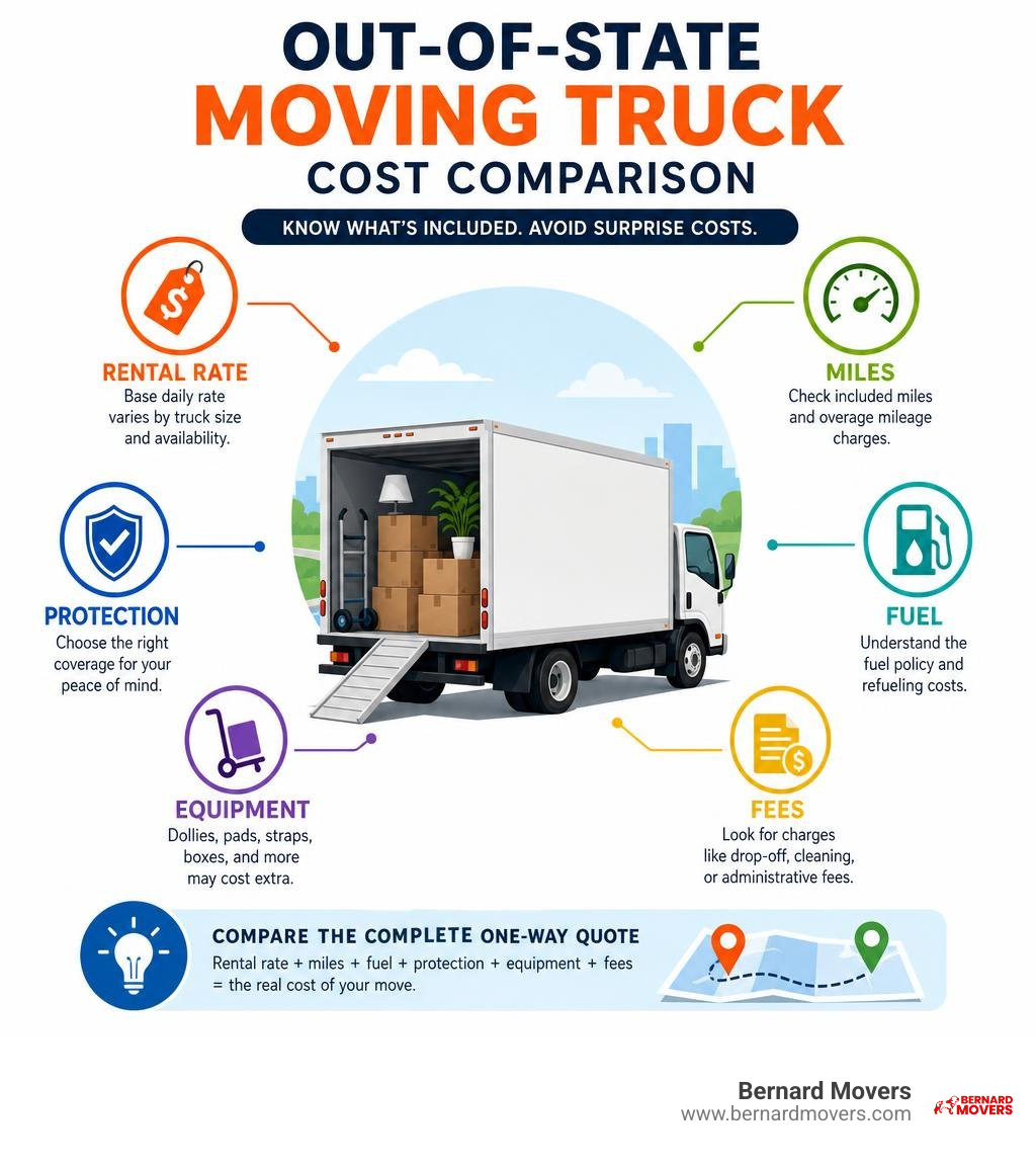 Out-of-state moving truck cost comparison: rental rate, miles, fuel, protection, equipment, fees infographic