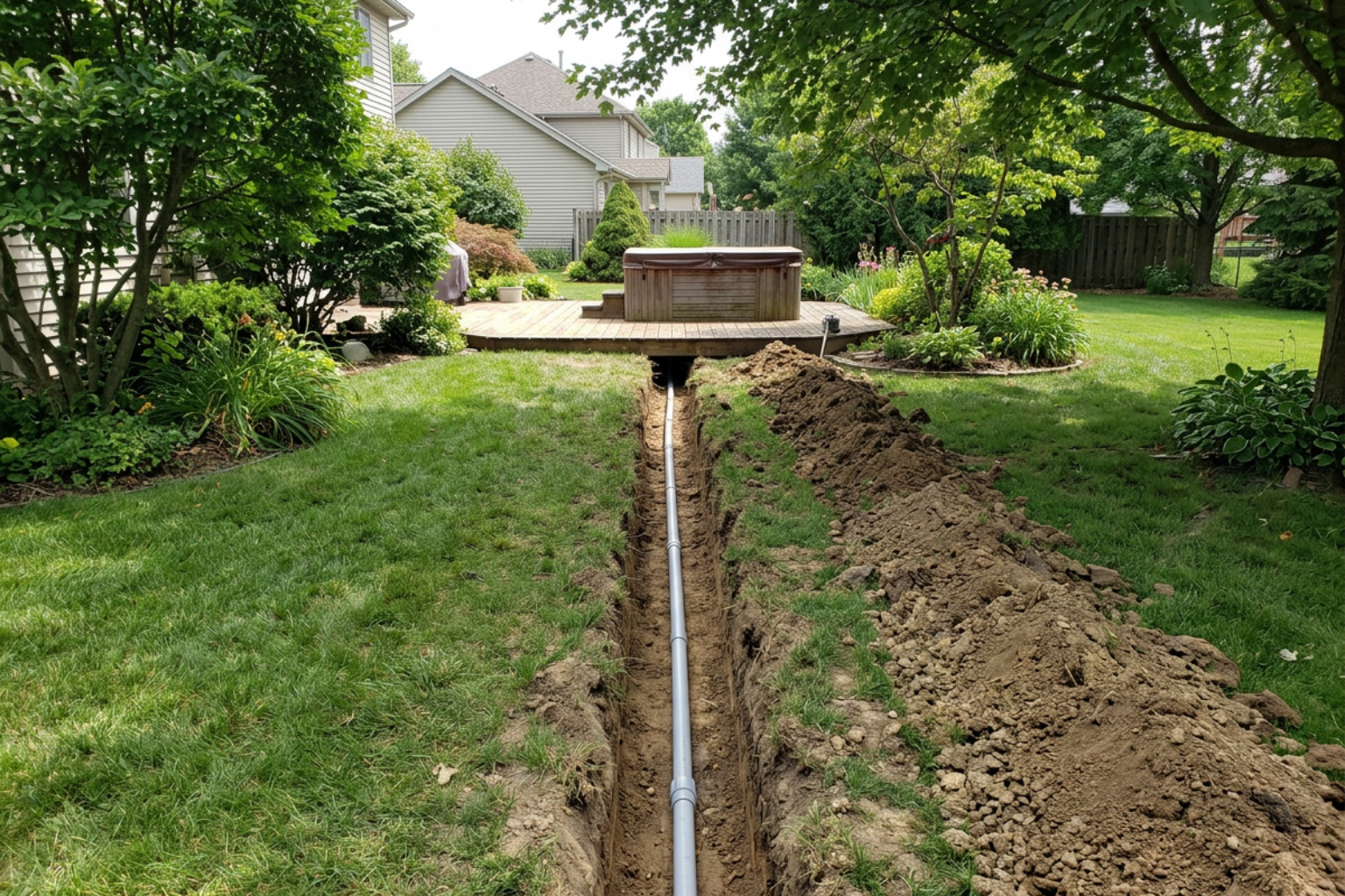 Outdoor trench with Schedule 40 PVC conduit running to spa location Outdoor trench with Schedule 40 PVC conduit running to spa location