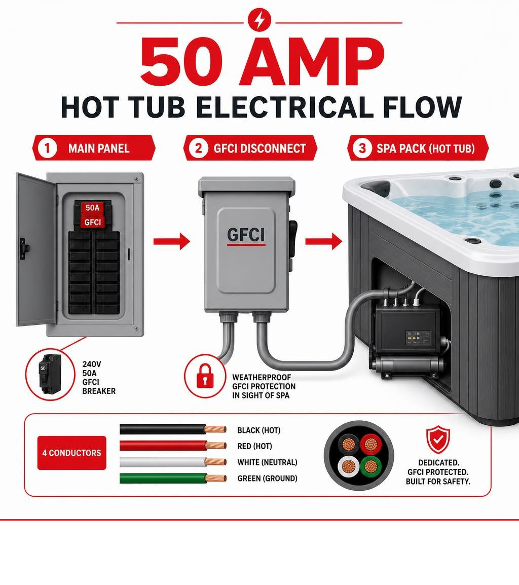 50 amp hot tub electrical flow from main panel through GFCI disconnect to spa pack infographic 50 amp hot tub electrical flow from main panel through GFCI disconnect to spa pack infographic