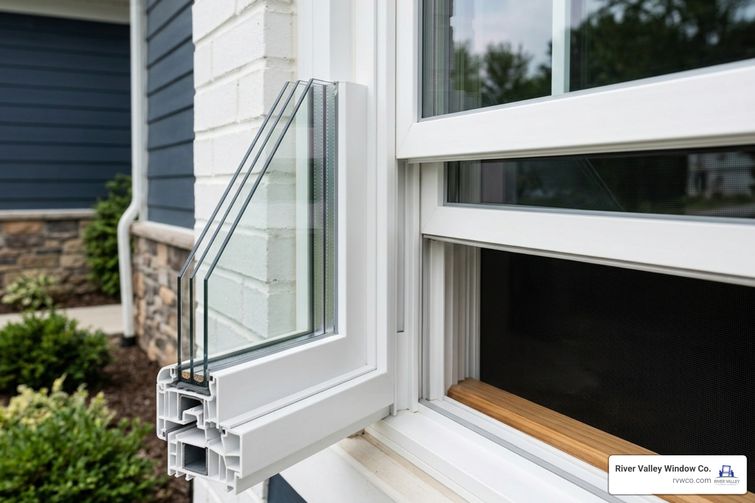 Modern energy efficient vinyl window unit with low e multi pane glazing Modern energy efficient vinyl window unit with low e multi pane glazing