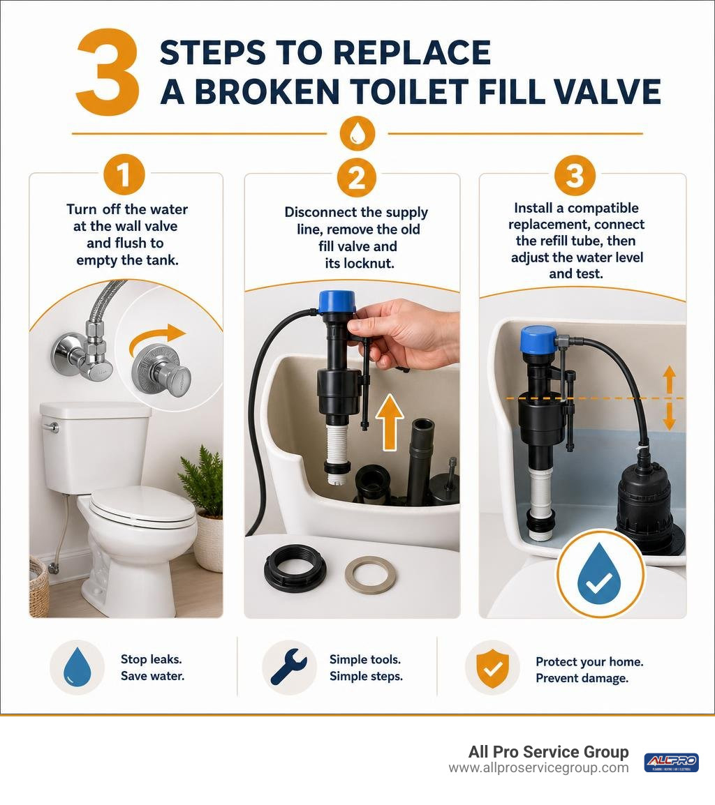 Three steps to replace a broken toilet fill valve infographic Three steps to replace a broken toilet fill valve infographic