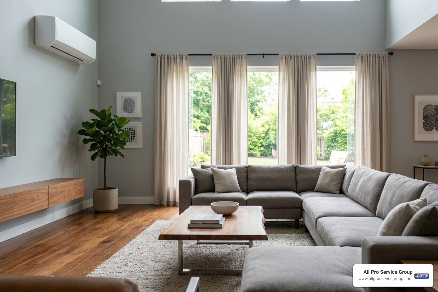 modern indoor ductless wall unit mounted in a large furnished living space modern indoor ductless wall unit mounted in a large furnished living space