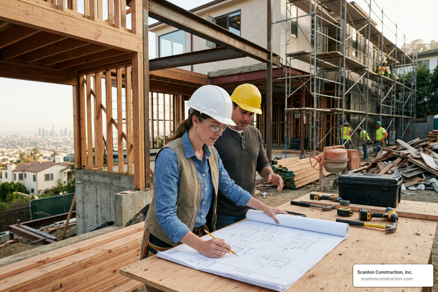 Architect reviewing blueprints on-site during a structural remodel Architect reviewing blueprints on-site during a structural remodel