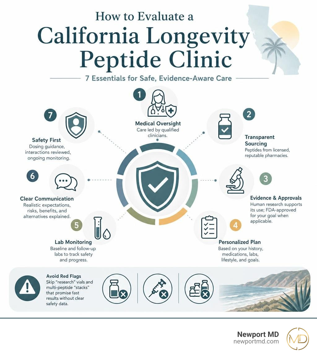 Infographic showing how to evaluate a California longevity peptide clinic infographic