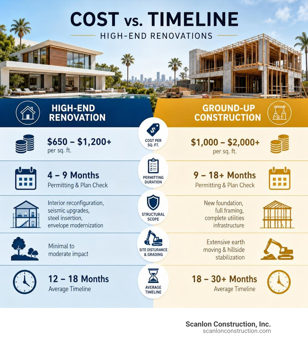 Cost versus timeline comparison for high-end renovations infographic Cost versus timeline comparison for high-end renovations infographic