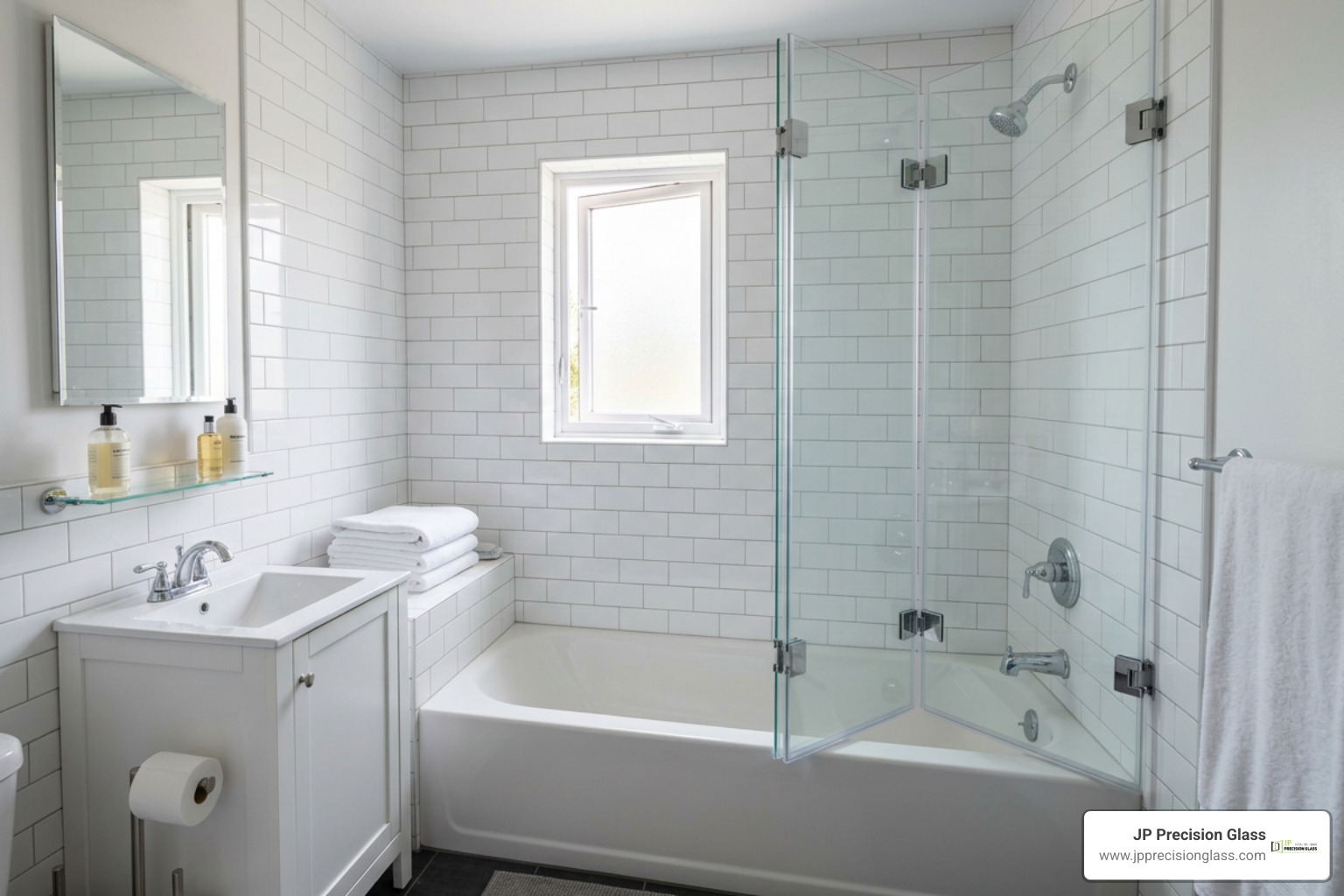 A compact bathroom with an open folding tub door stacked neatly A compact bathroom with an open folding tub door stacked neatly