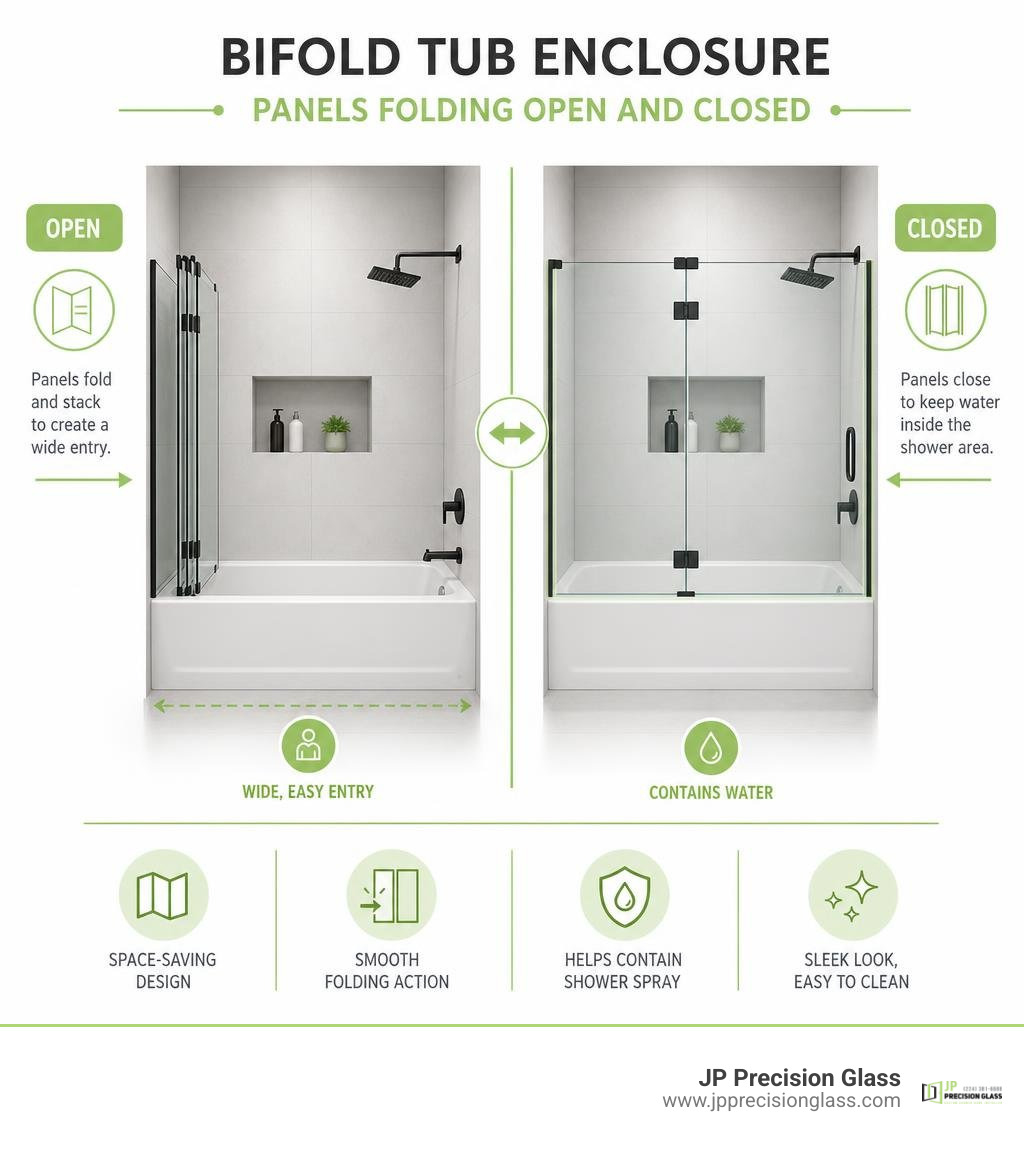 Bifold tub enclosure panels folding open and closed infographic Bifold tub enclosure panels folding open and closed infographic
