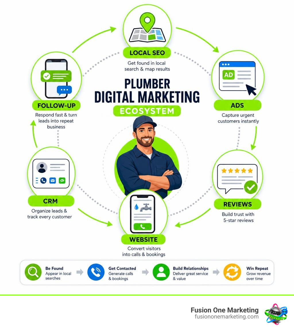 Plumber digital marketing ecosystem: local SEO, ads, reviews, website, CRM, and follow-up infographic Plumber digital marketing ecosystem: local SEO, ads, reviews, website, CRM, and follow-up infographic