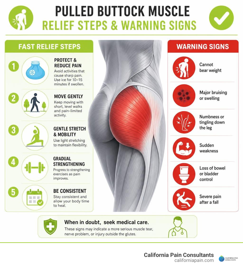 Pulled buttock muscle relief steps and warning signs infographic