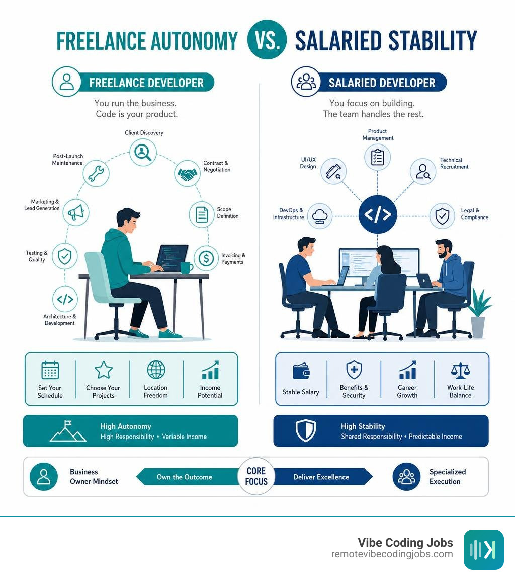 Structural comparison of freelance autonomy versus salaried employment stability infographic Structural comparison of freelance autonomy versus salaried employment stability infographic