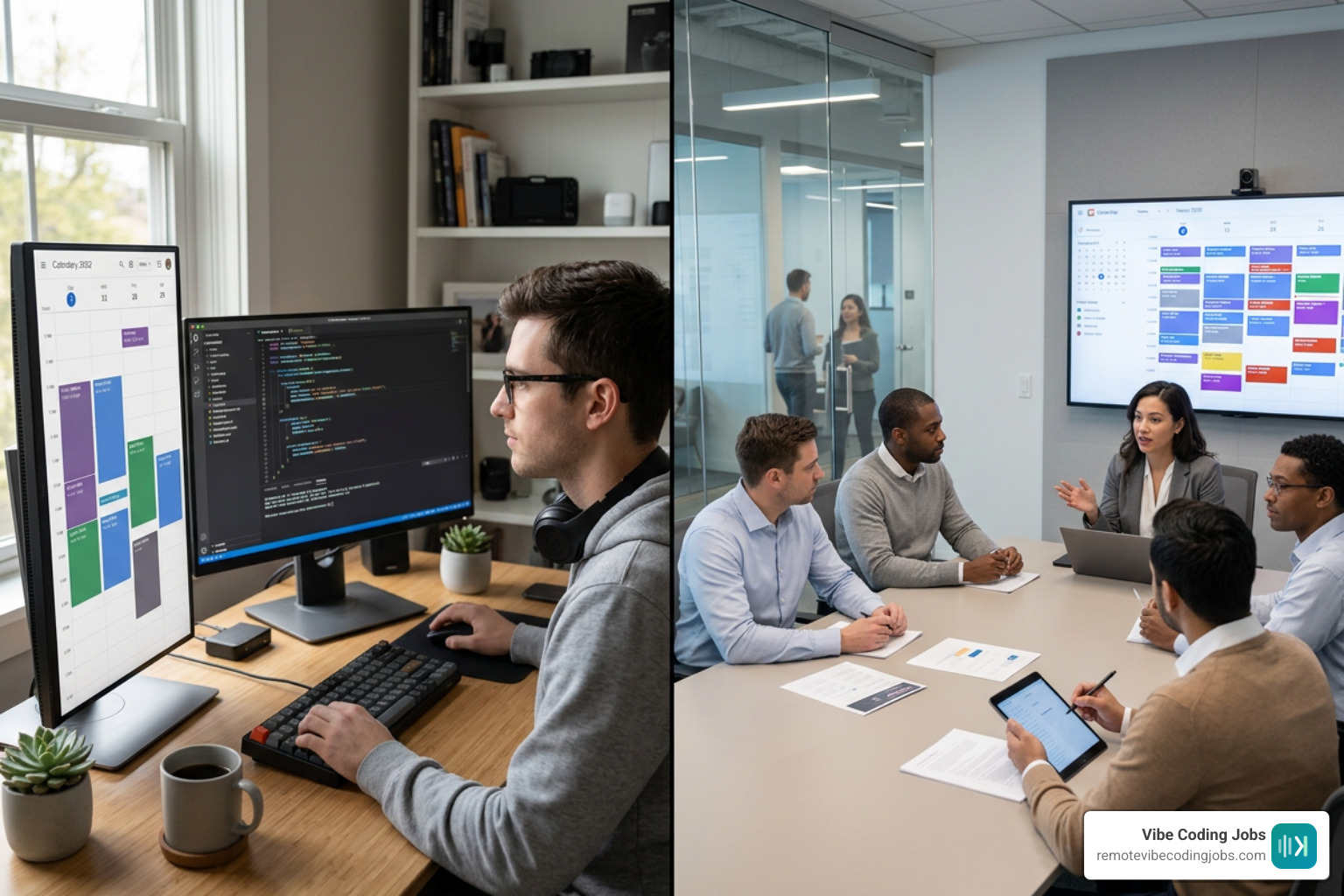 Productivity dashboard contrasting deep-work async schedules with multi-meeting corporate calendars
