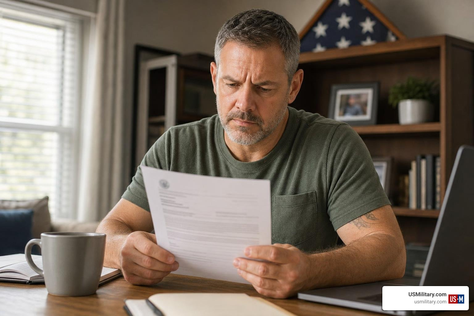 Veteran reviewing VA disability rating paperwork Veteran reviewing VA disability rating paperwork