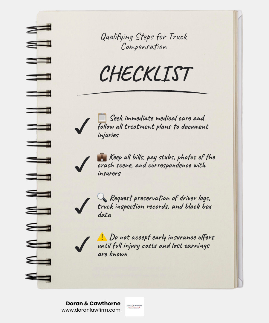 Truck crash compensation claim steps infographic Truck crash compensation claim steps infographic