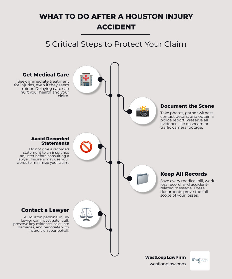 Houston personal injury claim steps: care, evidence, claim, negotiation, resolution infographic Houston personal injury claim steps: care, evidence, claim, negotiation, resolution infographic