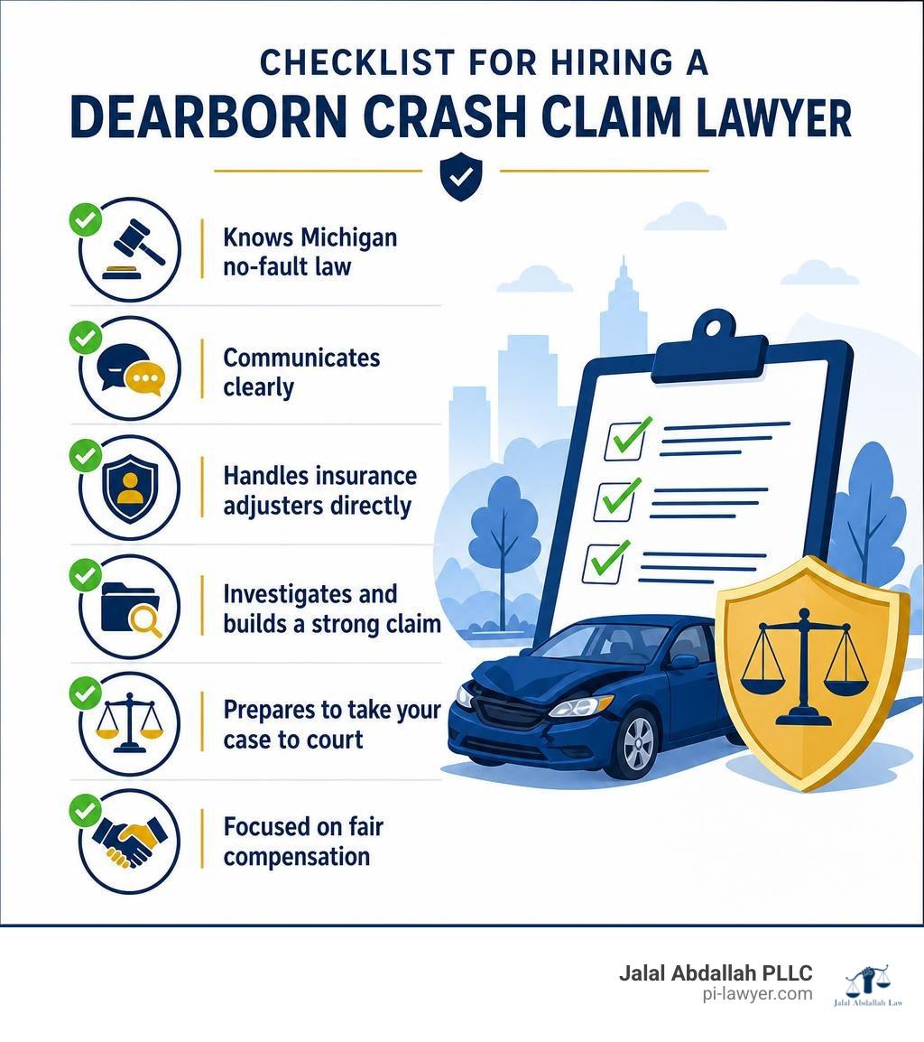 Checklist for hiring a Dearborn crash claim lawyer infographic Checklist for hiring a Dearborn crash claim lawyer infographic