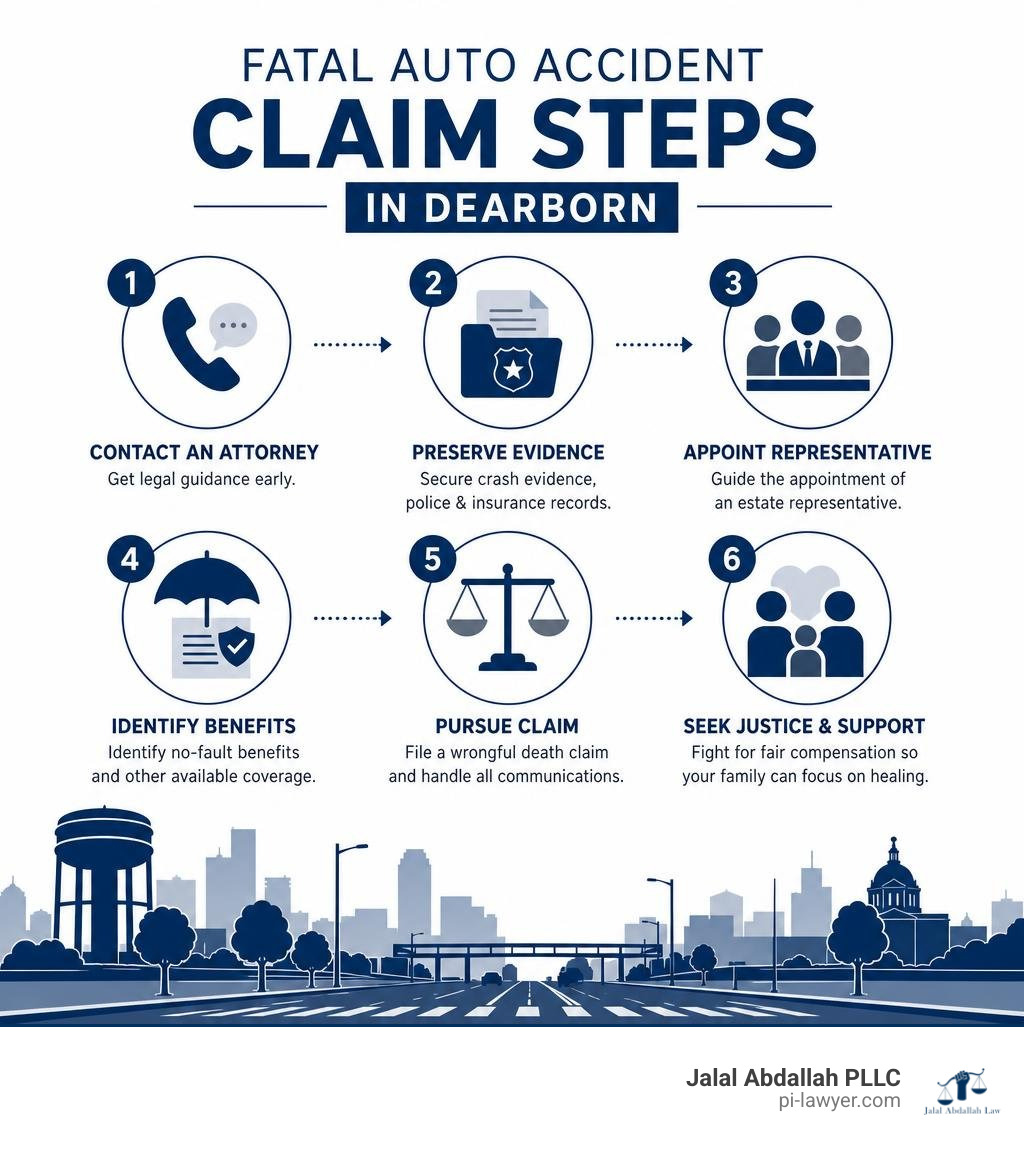 Fatal auto accident claim steps in Dearborn infographic Fatal auto accident claim steps in Dearborn infographic