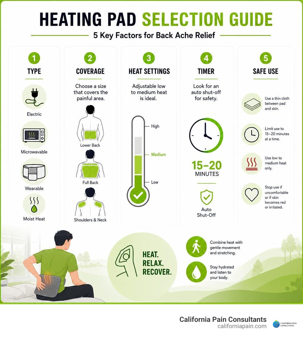 Heating pad selection guide: type, coverage, heat settings, timer, and safe use infographic Heating pad selection guide: type, coverage, heat settings, timer, and safe use infographic