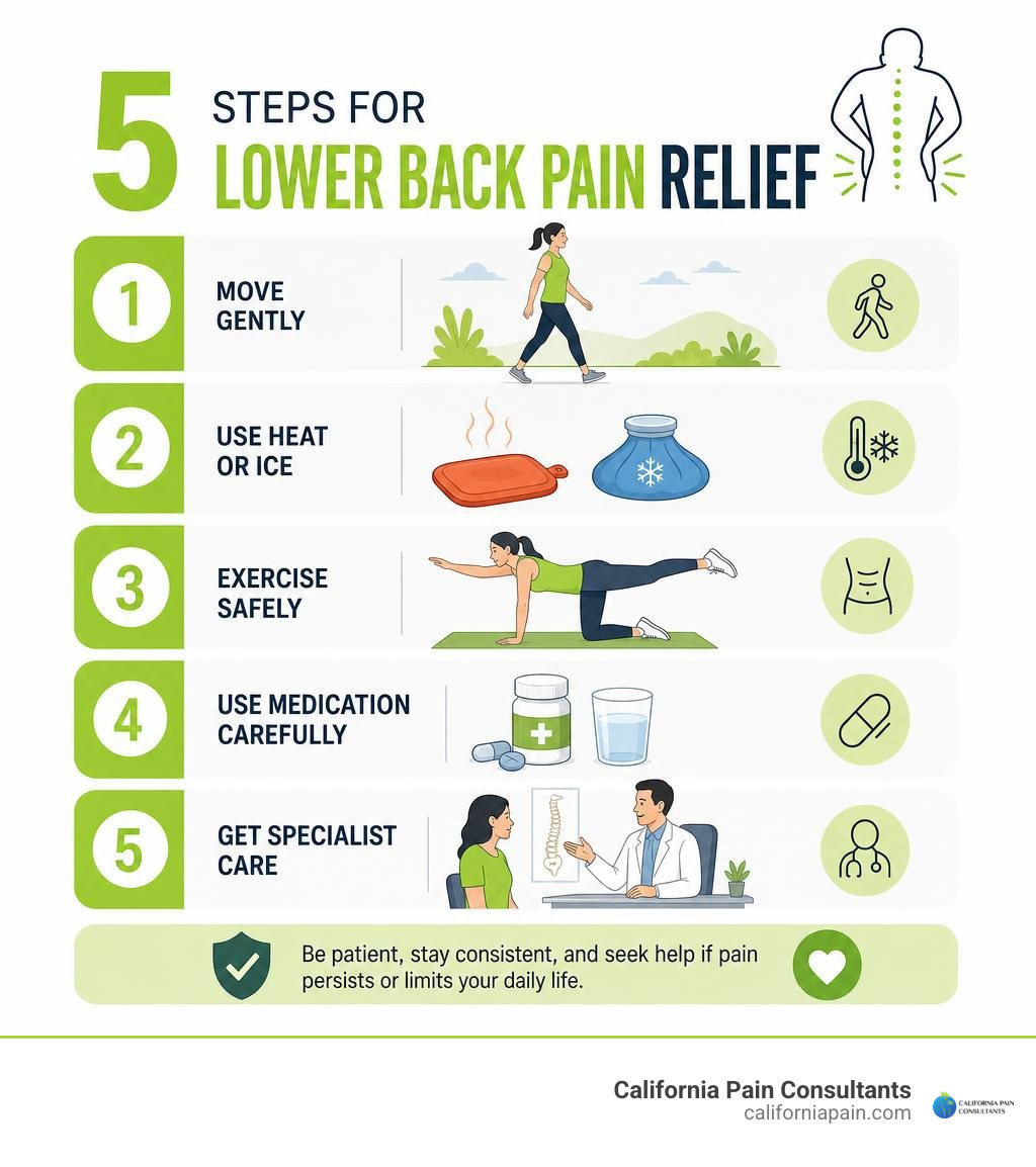 Five steps for lower back pain relief: movement, heat or ice, exercise, medication, specialist care infographic Five steps for lower back pain relief: movement, heat or ice, exercise, medication, specialist care infographic