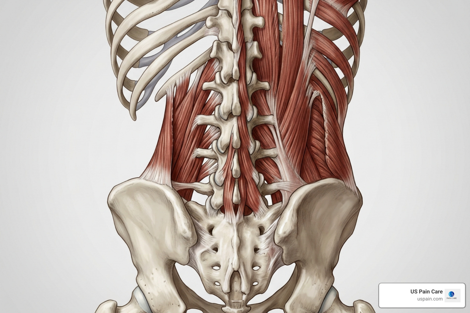 detailed anatomical illustration of lumbar spine and paraspinal muscles detailed anatomical illustration of lumbar spine and paraspinal muscles