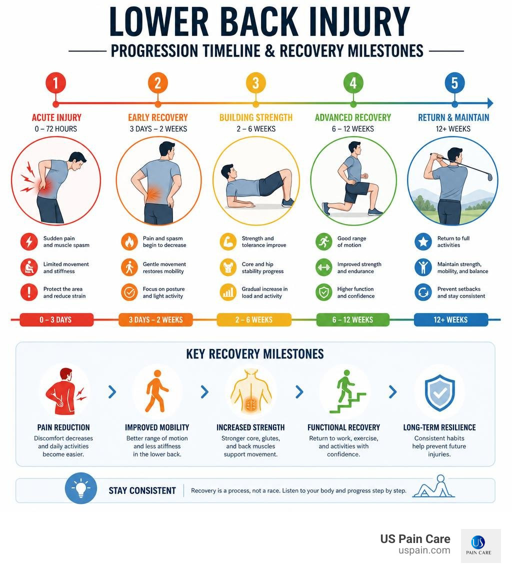 lower back injury progression timeline and recovery milestones infographic lower back injury progression timeline and recovery milestones infographic