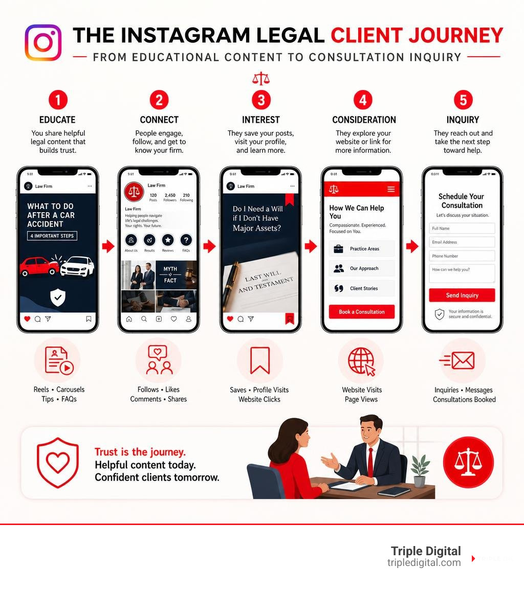 Instagram legal client journey from educational content to consultation inquiry infographic