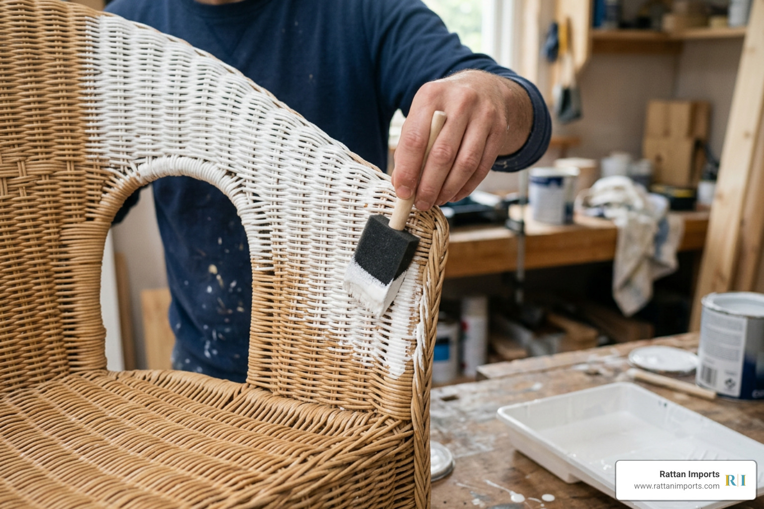 Applying whitewash paint into intricate wicker weave with a foam brush Applying whitewash paint into intricate wicker weave with a foam brush