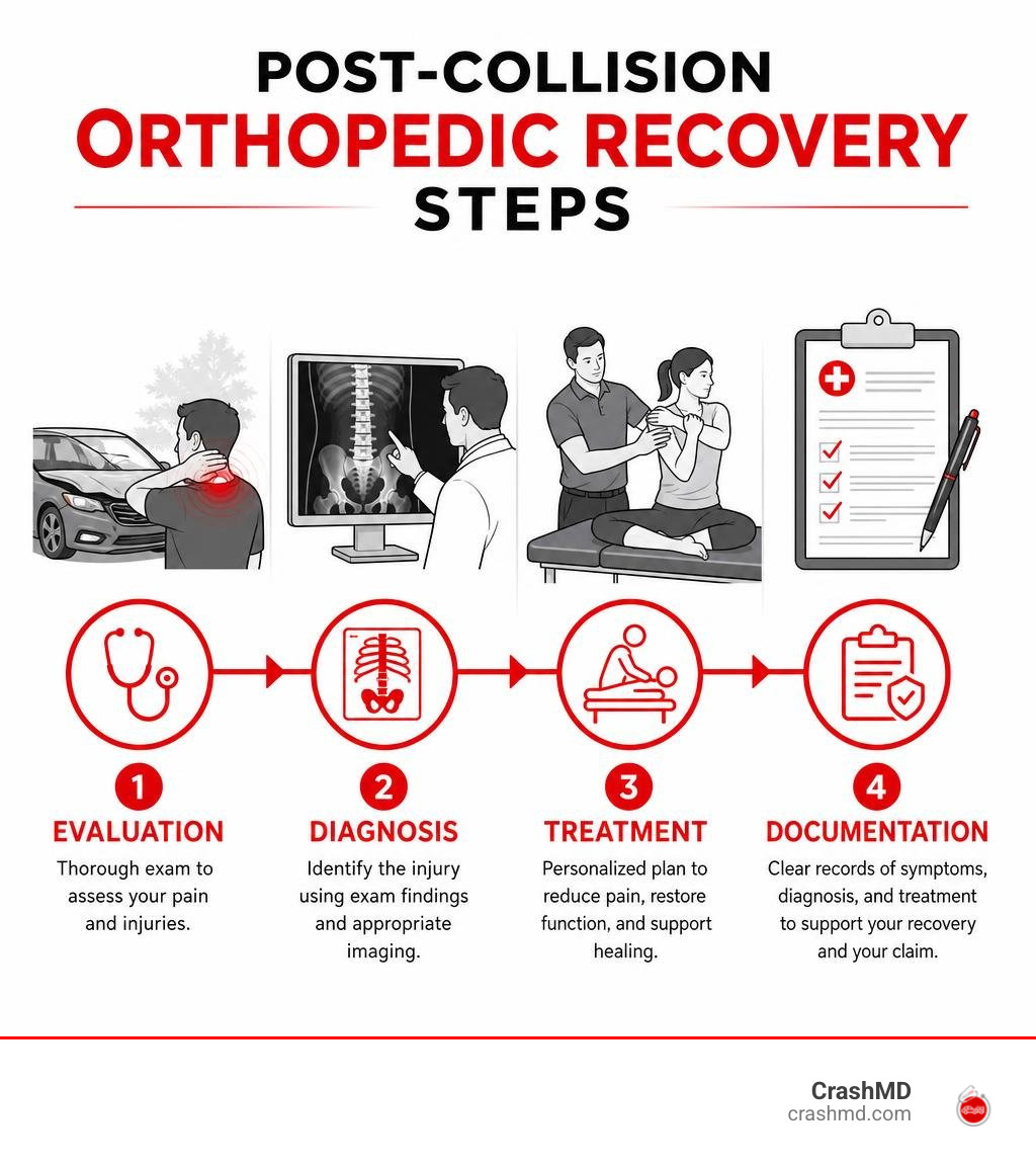 Post-collision orthopedic recovery steps: evaluation, diagnosis, treatment, documentation infographic Post-collision orthopedic recovery steps: evaluation, diagnosis, treatment, documentation infographic