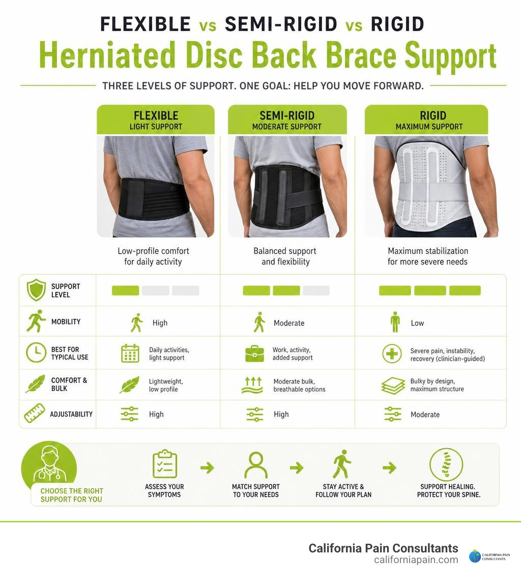 Infographic comparing flexible semi-rigid and rigid herniated disc back brace support infographic
